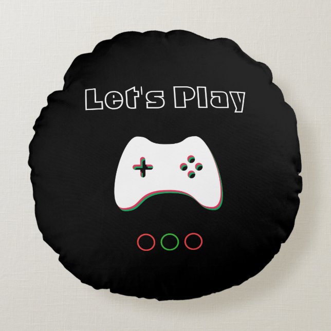 Video Game Controller, Let's Play, Red & Green Art Round Pillow (Front)