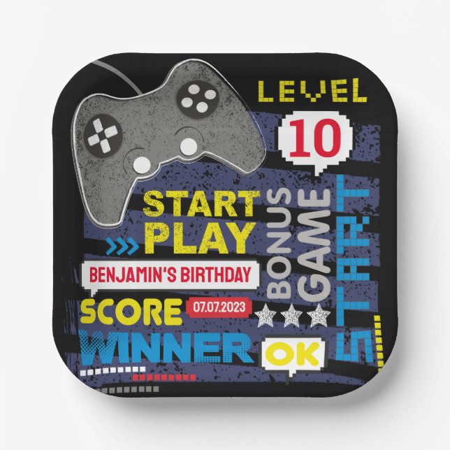 Video Game Controller Level Up Gamer Birthday Paper Plate (Front)