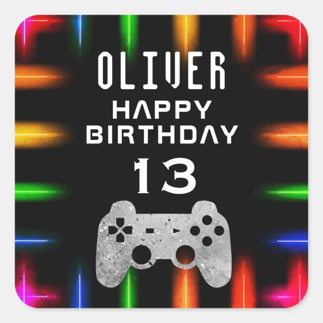 Video Game Controller Neon Gaming Birthday Party Square Sticker (Front)