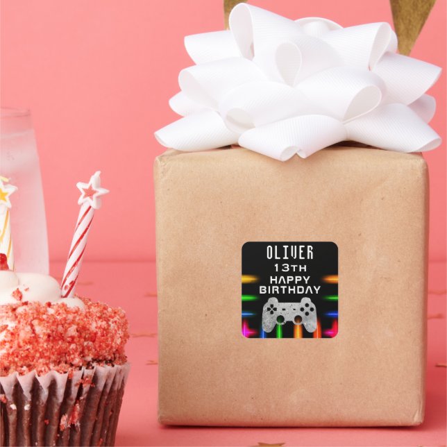 Video Game Controller Neon Gaming Birthday Square Sticker (Party)