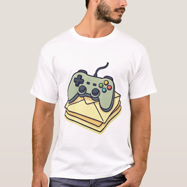 Video Game Controller on Mail Stack – Cute Cartoon T-Shirt (Front)