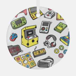 Video game, doodle set glass ornament
