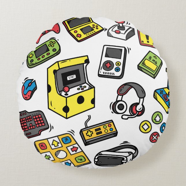 Video game, doodle set round pillow (Front)