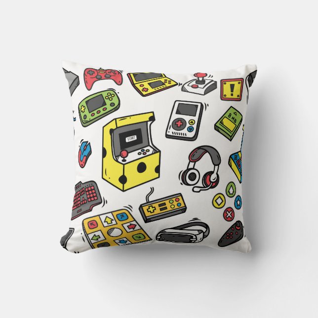 Video game, doodle set throw pillow (Front)