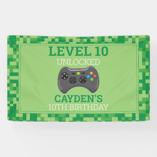 Video Game Game On Birthday Party Green Pixel Banner (Horizontal)