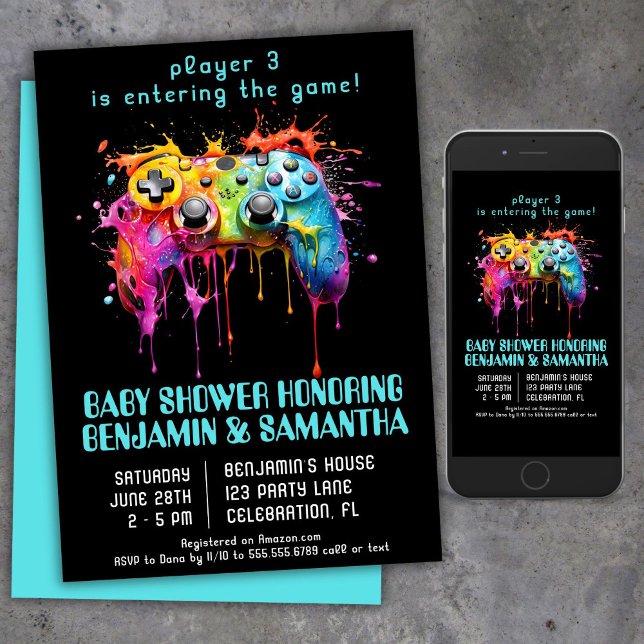 Video Game Gamer Blue Baby Shower Invitation (Creator Uploaded)