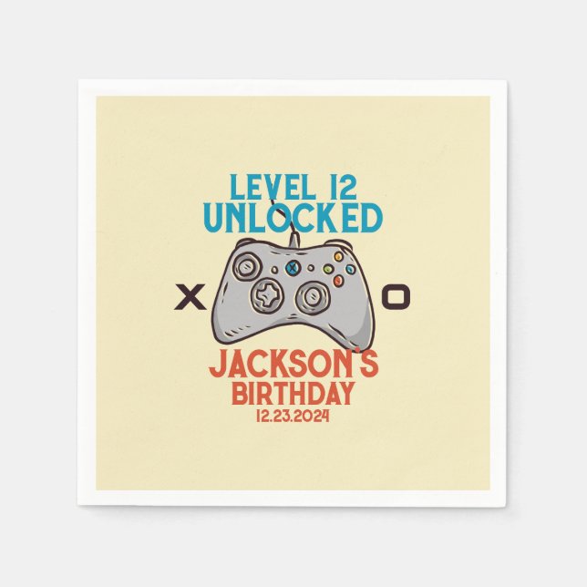 Video Game Level Unlocked Gamer Boy Birthday Party Napkin (Front)