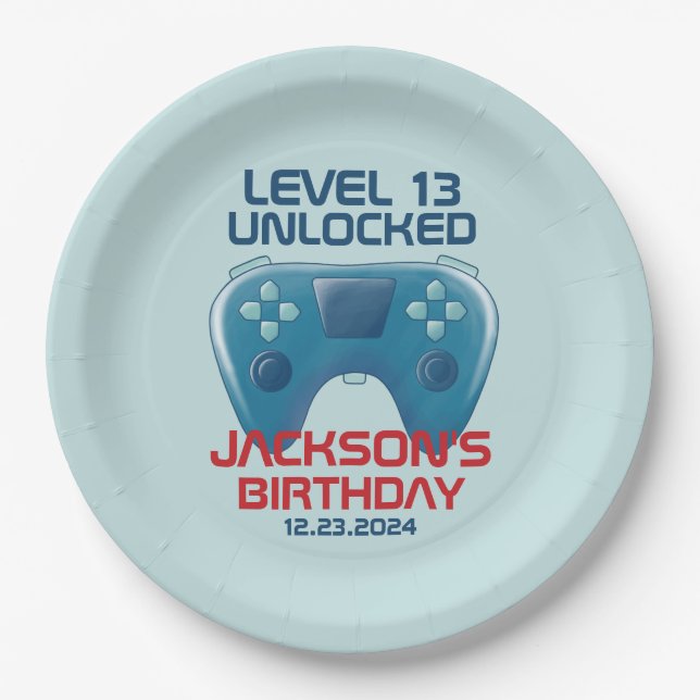 Video Game Level Unlocked Teen Boy Birthday Party Paper Plate (Front)