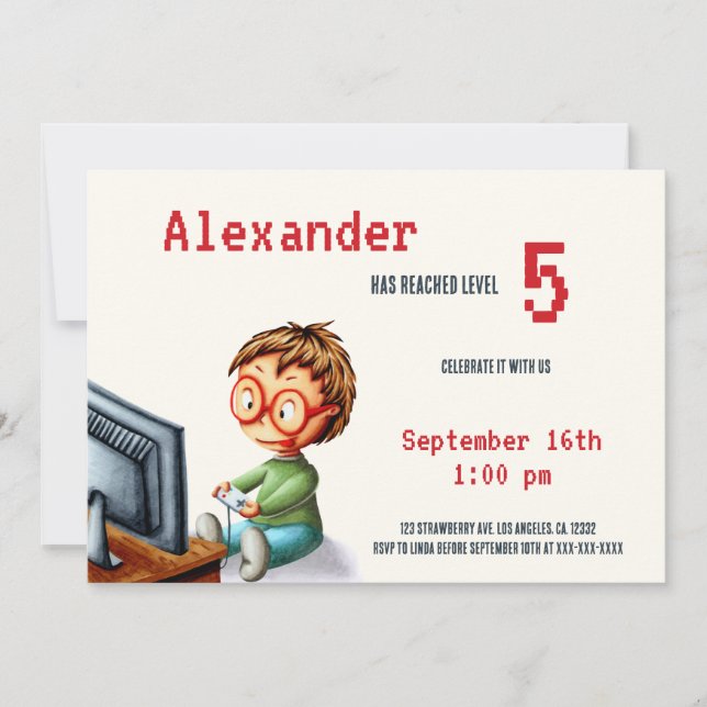 Video Game Level Up Boy with Glasses Birthday Invitation (Front)