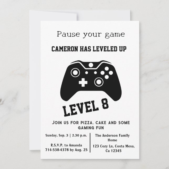 Video Game Level up Gamer Birthday Invite (Front)