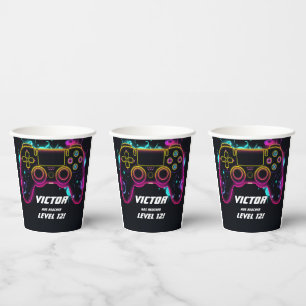 Video Game Level up Gamer Neon Birthday Paper Cups