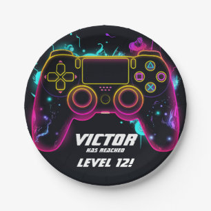 Video Game Level up Gamer Neon Birthday Paper Plate