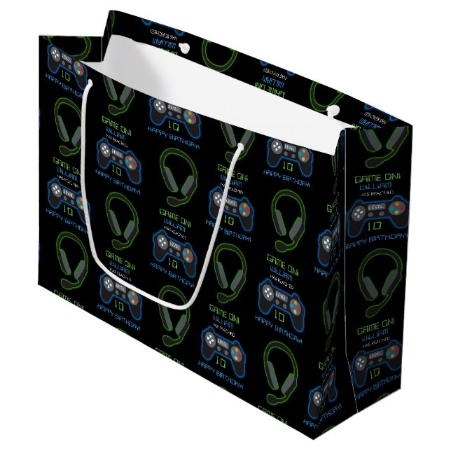 Video Game Neon Blue & Green Birthday Age Name Large Gift Bag (Front Angled)