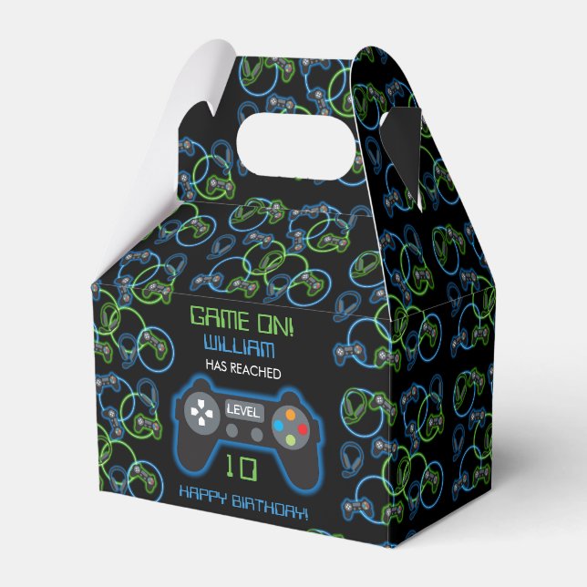 Video Game Neon Blue & Green Birthday Party Favor Box (Front Side)