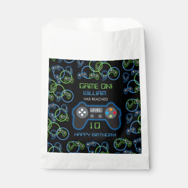 Video Game Neon Blue & Green Birthday Party Favour Bag (Front)