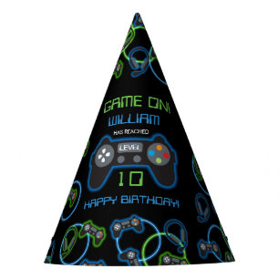 Video Game Neon Blue & Green Birthday Party Hat