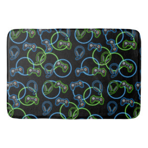 Video Game Neon Blue & Green Pattern  Bath Mat