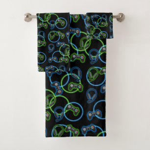 Video Game Neon Blue & Green Pattern Bath Towel Set