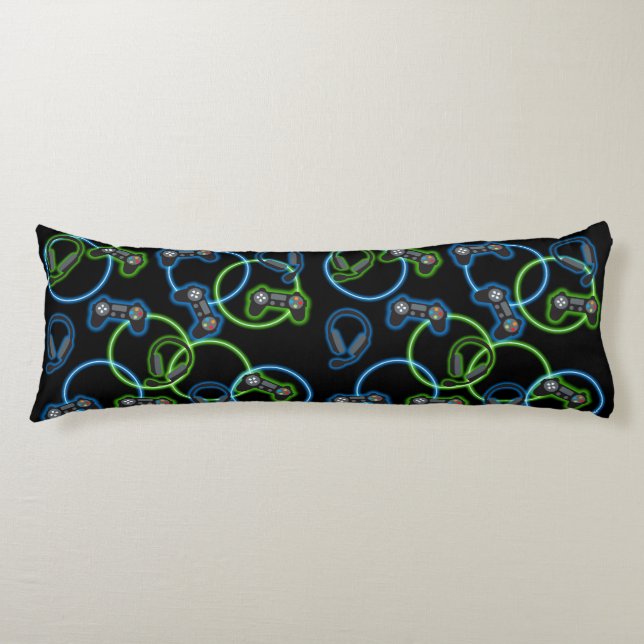 Video Game Neon Blue & Green Pattern  Body Pillow (Front)