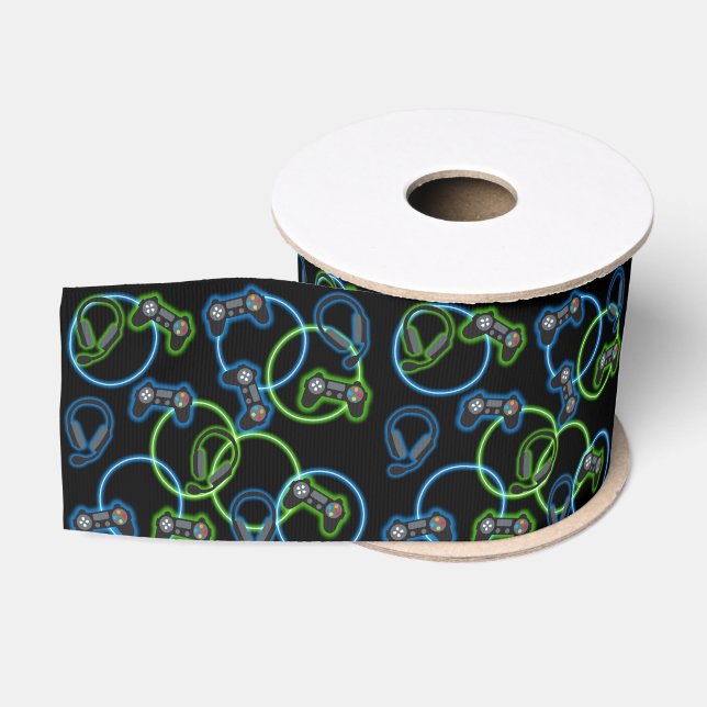 Video Game Neon Blue & Green Pattern  Grosgrain Ribbon (Spool)