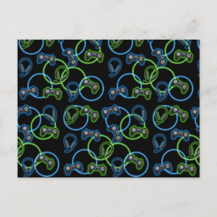 Video Game Neon Blue & Green Pattern Holiday Postcard
