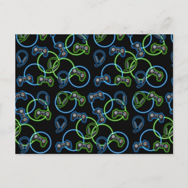 Video Game Neon Blue & Green Pattern  Holiday Postcard (Front)