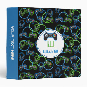 Video Game Neon Blue & Green Pattern Monogram Binder