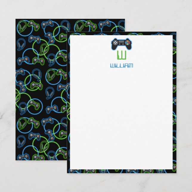 Video Game Neon Blue & Green Pattern Monogram Card (Front/Back)