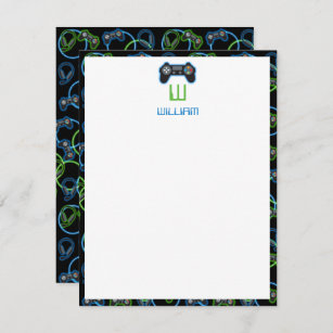 Video Game Neon Blue & Green Pattern Monogram Card