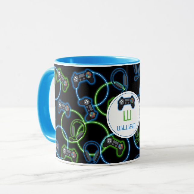 Video Game Neon Blue & Green Pattern Monogram Mug (Front Left)