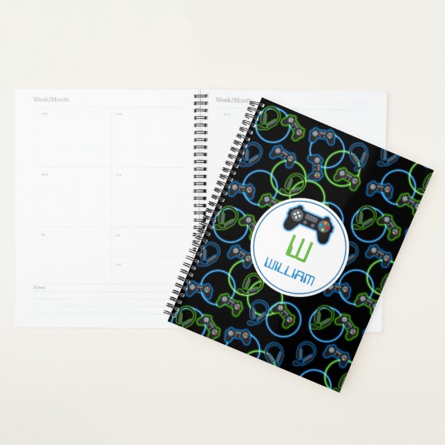 Video Game Neon Blue & Green Pattern Monogram Planner (Display)