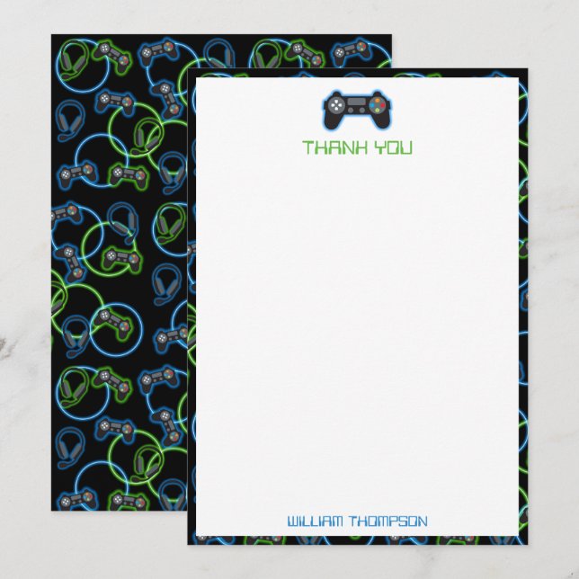 Video Game Neon Blue & Green Pattern Monogram Thank You Card (Front/Back)
