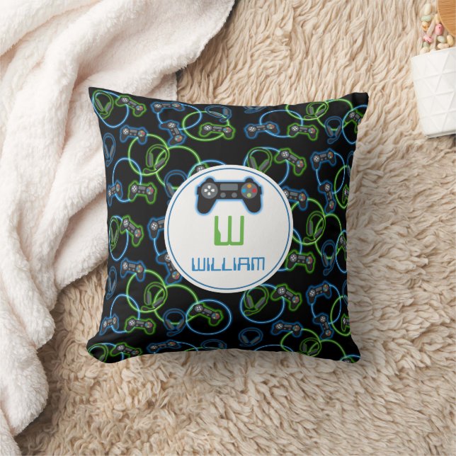 Video Game Neon Blue & Green Pattern Monogram Throw Pillow (Blanket)