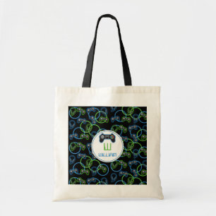 Video Game Neon Blue & Green Pattern Monogram Tote Bag
