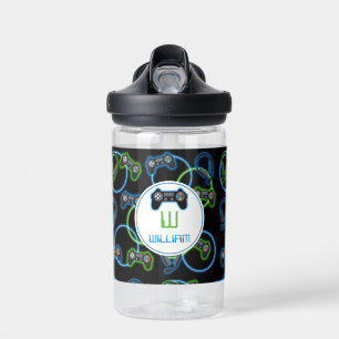 Video Game Neon Blue & Green Pattern Monogram Water Bottle