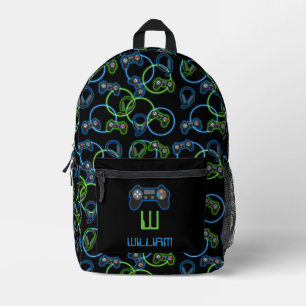 Video Game Neon Blue & Green Pattern School Printed Backpack