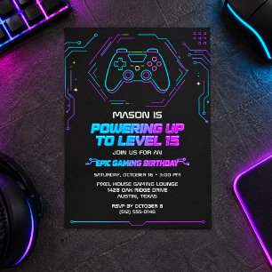 Video Game Neon Controller Level 15 Party Birthday Invitation