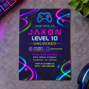 Video Game Neon Level Up Gamer Birthday Party Invitation