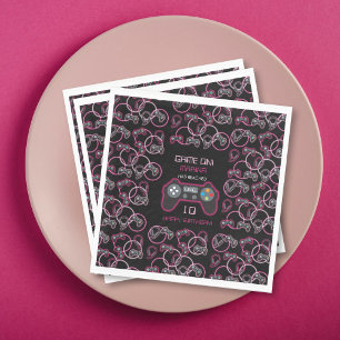 Video Game Neon Pink Girls Birthday Party Napkin