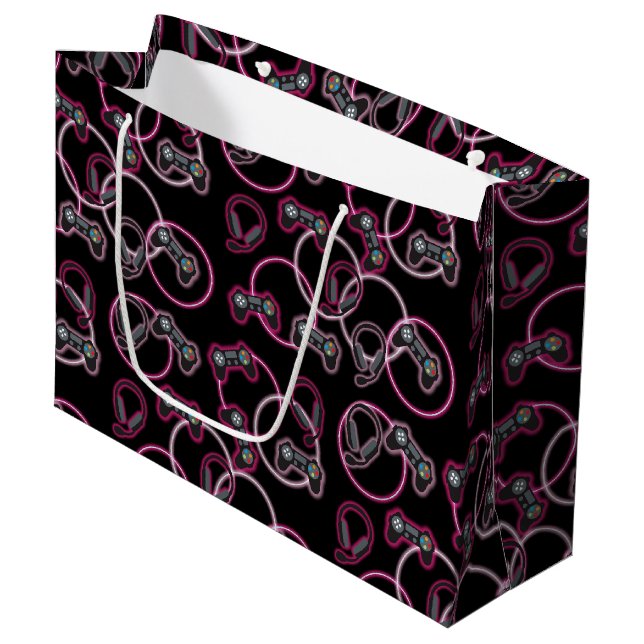 Video Game Neon Pink Girls Pattern  Large Gift Bag (Front Angled)