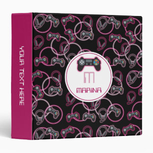 Video Game Neon Pink Girls Pattern Monogram Binder