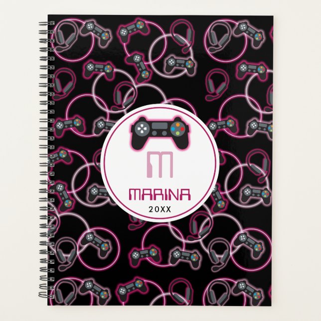 Video Game Neon Pink Girls Pattern Monogram Planner (Front)
