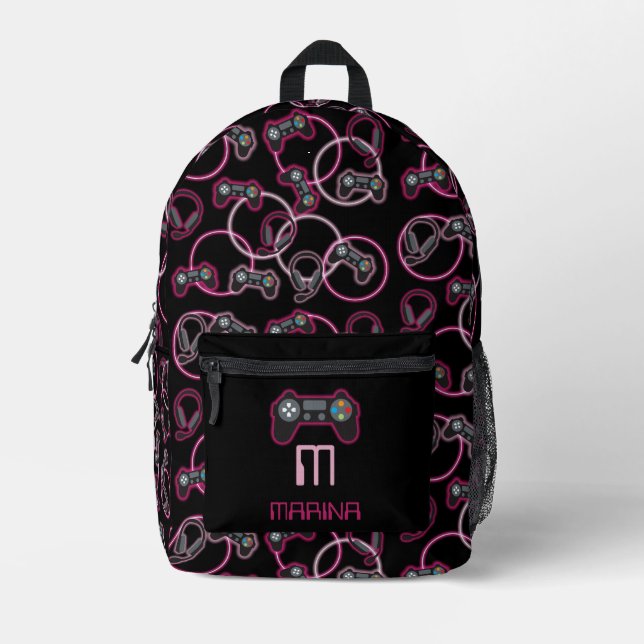 Video Game Neon Pink Girls Pattern Monogram School Printed Backpack (Front)
