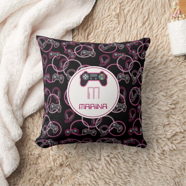 Video Game Neon Pink Girls Pattern Monogram Throw Pillow (Blanket)