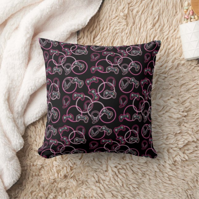 Video Game Neon Pink Girls Pattern  Throw Pillow (Blanket)