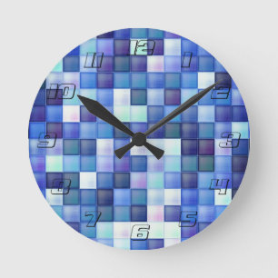 Video Game Pixels Blue Square Pattern Round Clock