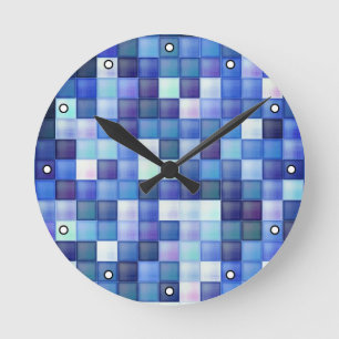 Video Game Pixels Blue Square Pattern with Dots Round Clock