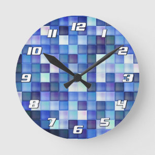Video Game Pixels Blue Square Pattern with Numbers Round Clock