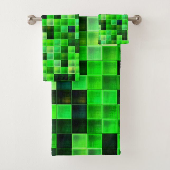 Video Game Pixels Green Square Pattern Bath Towel Set (Insitu)