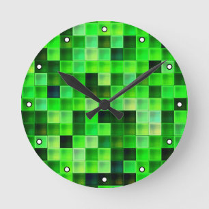 Video Game Pixels Green Square Pattern with Dots Round Clock